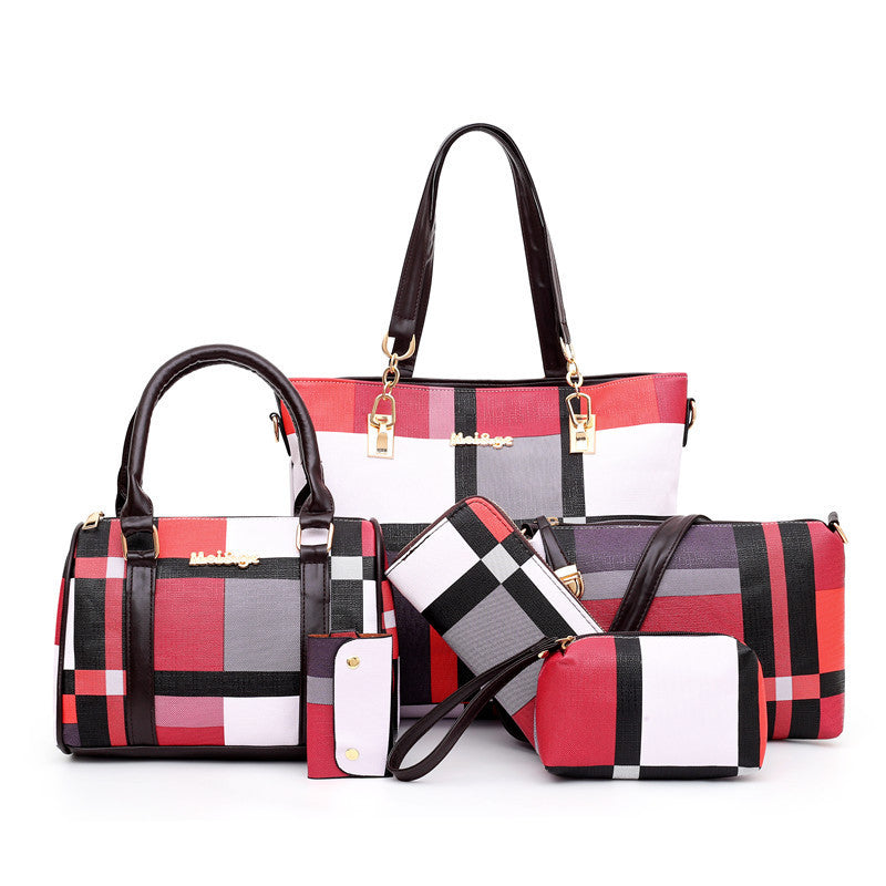 Autumn And Winter British Check Pattern Picture Mother Bag Six-piece Portable Large Bag Foreign Trade PU Leather Female Bag