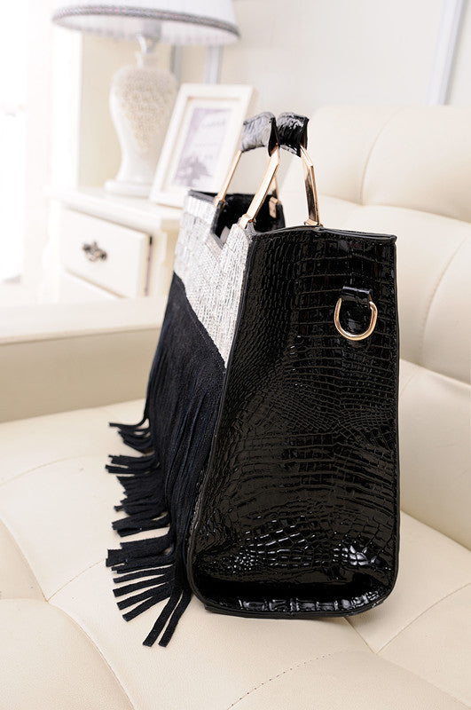 Abrasive Leather Leather Cowhide Tassel Rhinestone Splice