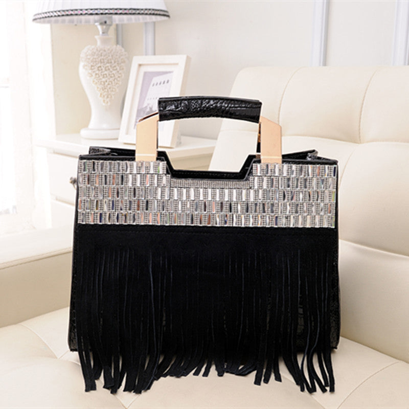 Abrasive Leather Leather Cowhide Tassel Rhinestone Splice