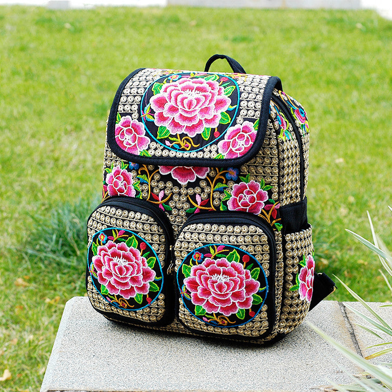 Mochila de lona para mujer con bordado de flores de estilo étnico