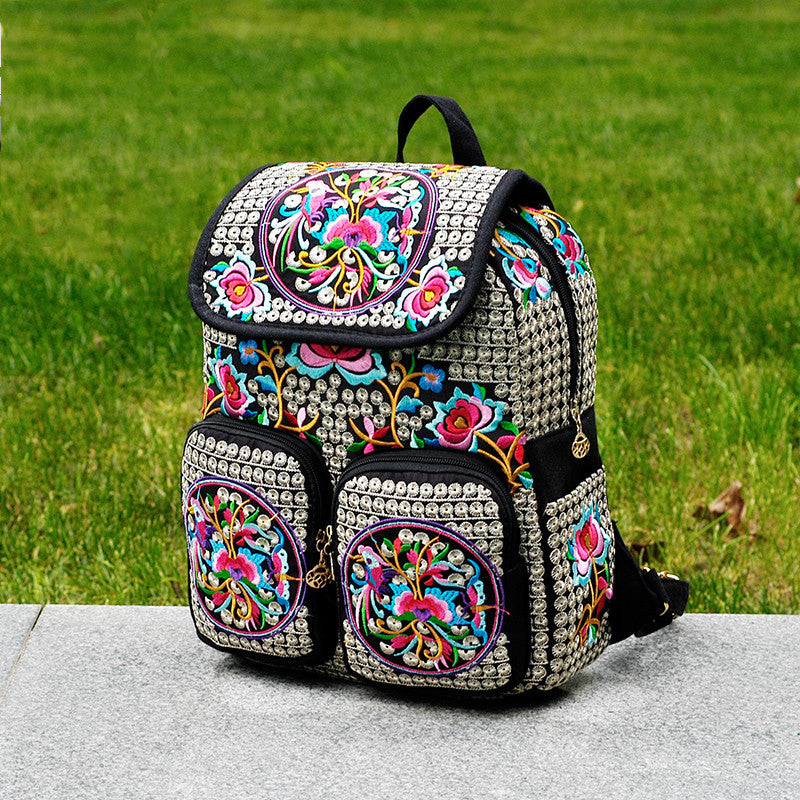 Mochila de lona para mujer con bordado de flores de estilo étnico