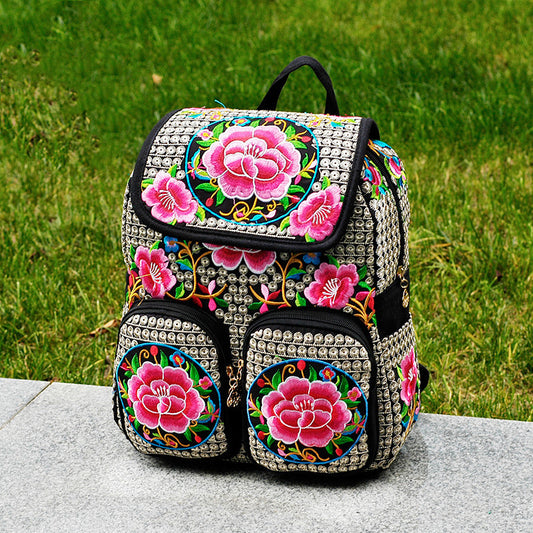 Sac à dos pour femme avec broderie de fleurs de style ethnique Sac en toile pour femme