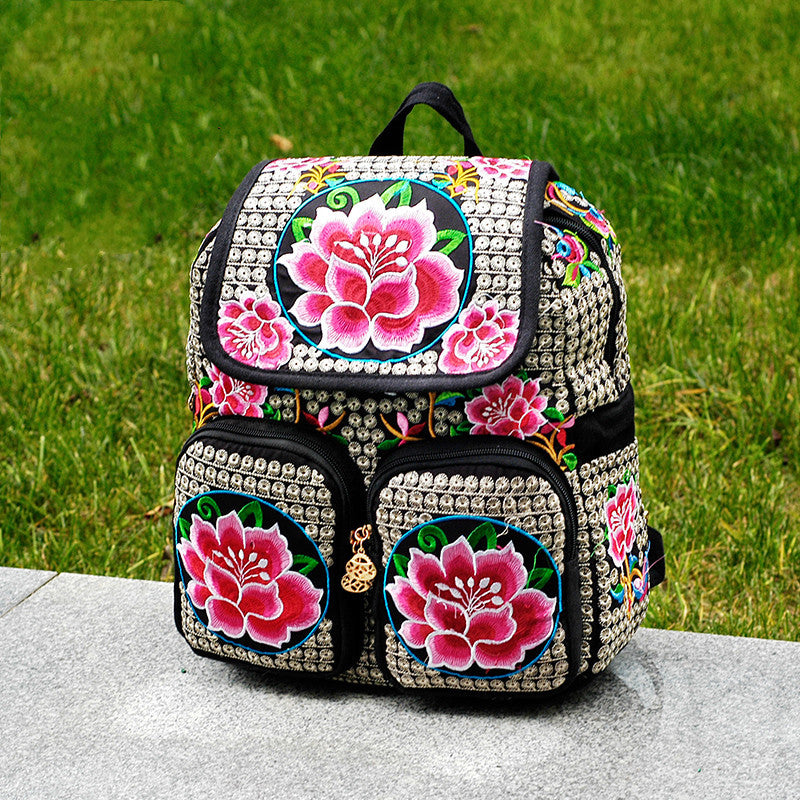 Sac à dos pour femme avec broderie de fleurs de style ethnique Sac en toile pour femme