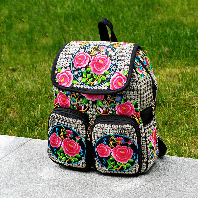 Mochila de lona para mujer con bordado de flores de estilo étnico