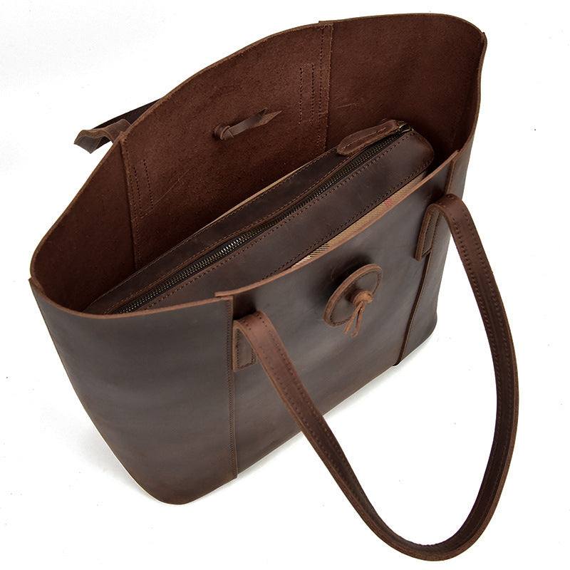 Bolso de mano de cuero genuino para mujer, bolso de mano de cuero Crazy Horse, bolso de mano de diseñador, bolso de compras grande retro simple