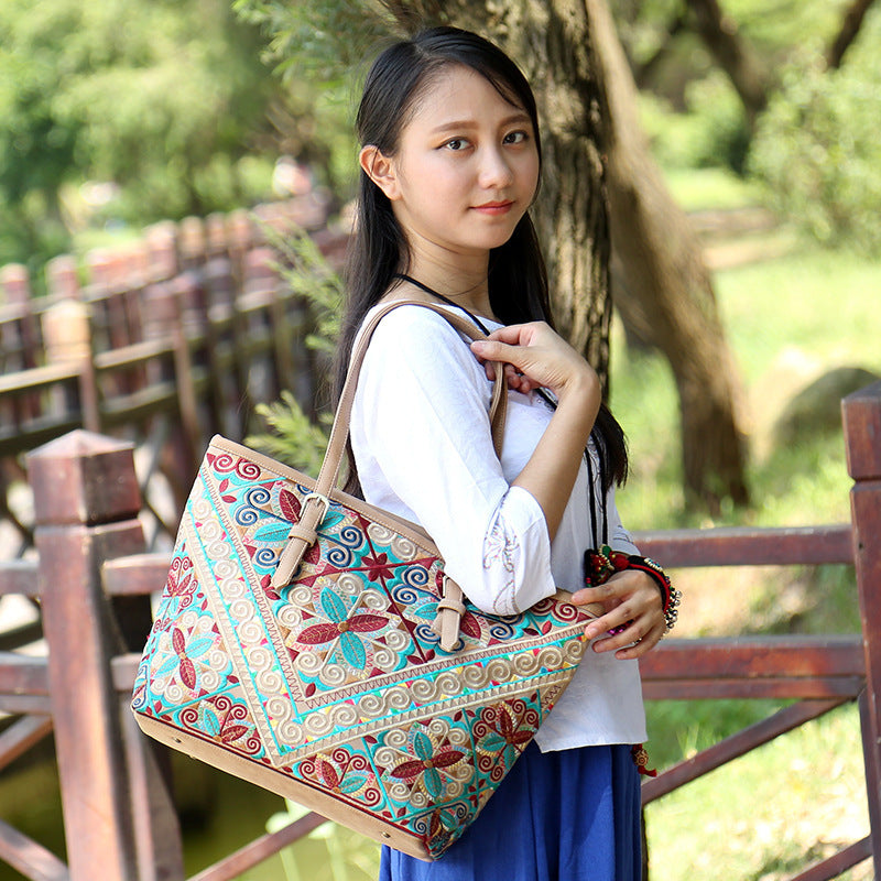 Bolso de mano de piel sintética de estilo étnico para mujer, bolso de mano informal con estampado geométrico