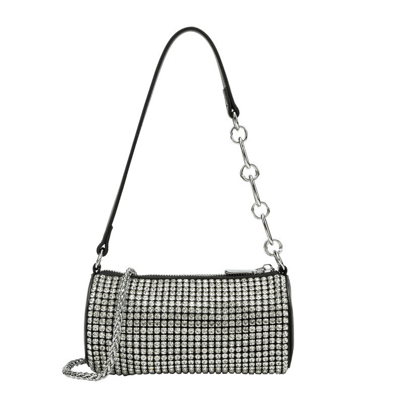 Bolso cilíndrico con incrustaciones de diamantes para mujer, tipo mensajero