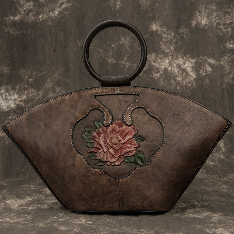 Cuir de vachette véritable avec fleurs en relief peintes à la main vintage