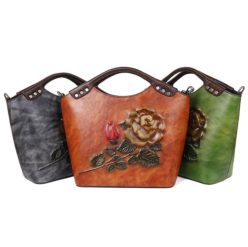 New Three-dimensional Embossed Rose Flower Head Layer Cowhide Handbags