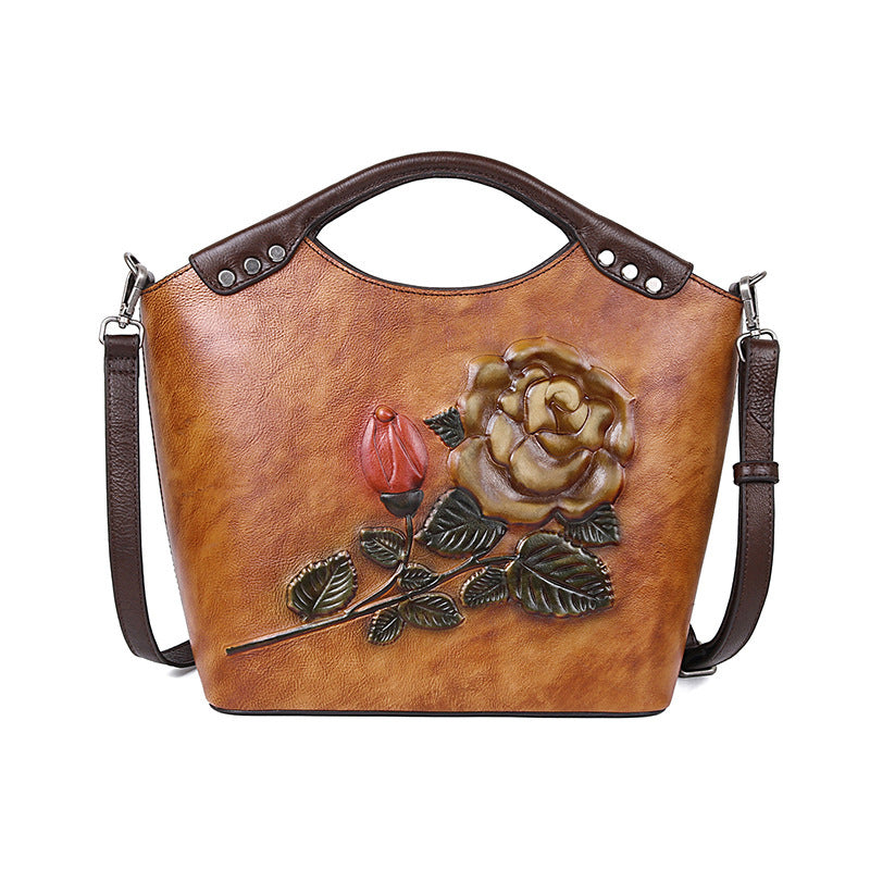 Nuevos bolsos de mano de piel de vaca con capas de flores de rosas en relieve tridimensional