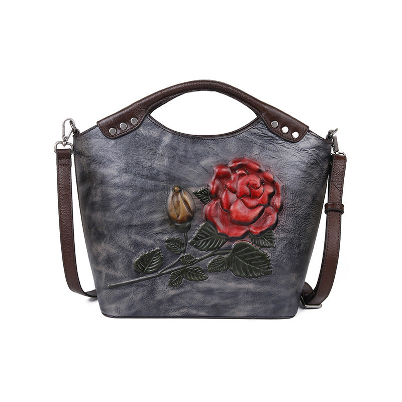 Nouveaux sacs à main en cuir de vachette avec couche de tête de fleur de rose en relief tridimensionnel