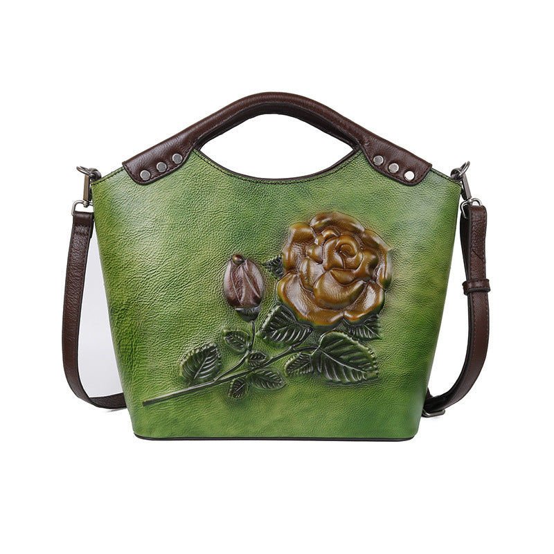 New Three-dimensional Embossed Rose Flower Head Layer Cowhide Handbags