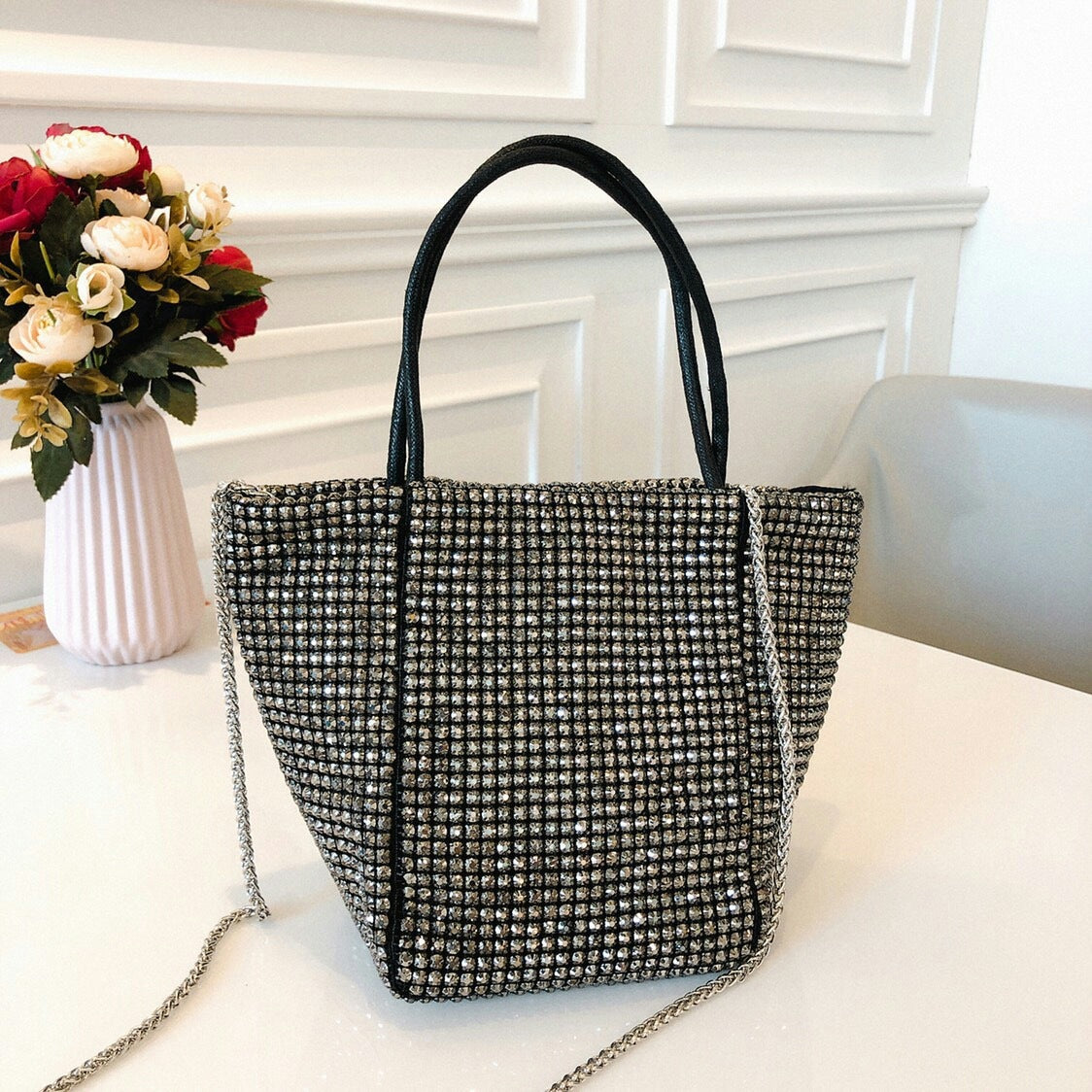 Sac à main de soirée en strass pour femmes, sac à bandoulière de luxe à chaîne et diamants