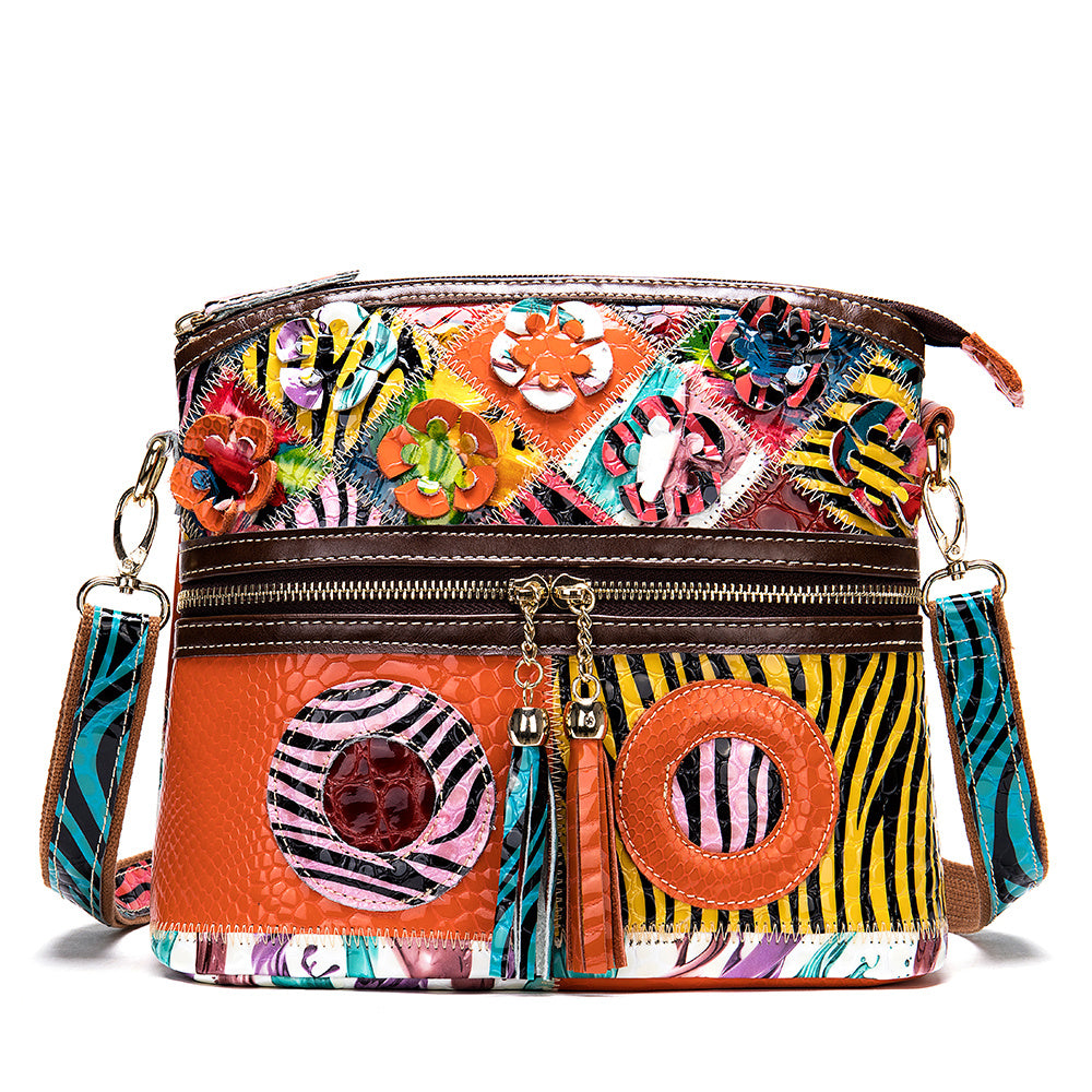 Bolsos retro con costura de piel de vaca, bolso de mensajero de un solo hombro, bolso de mujer con flores de colores, bolso de cuero informal