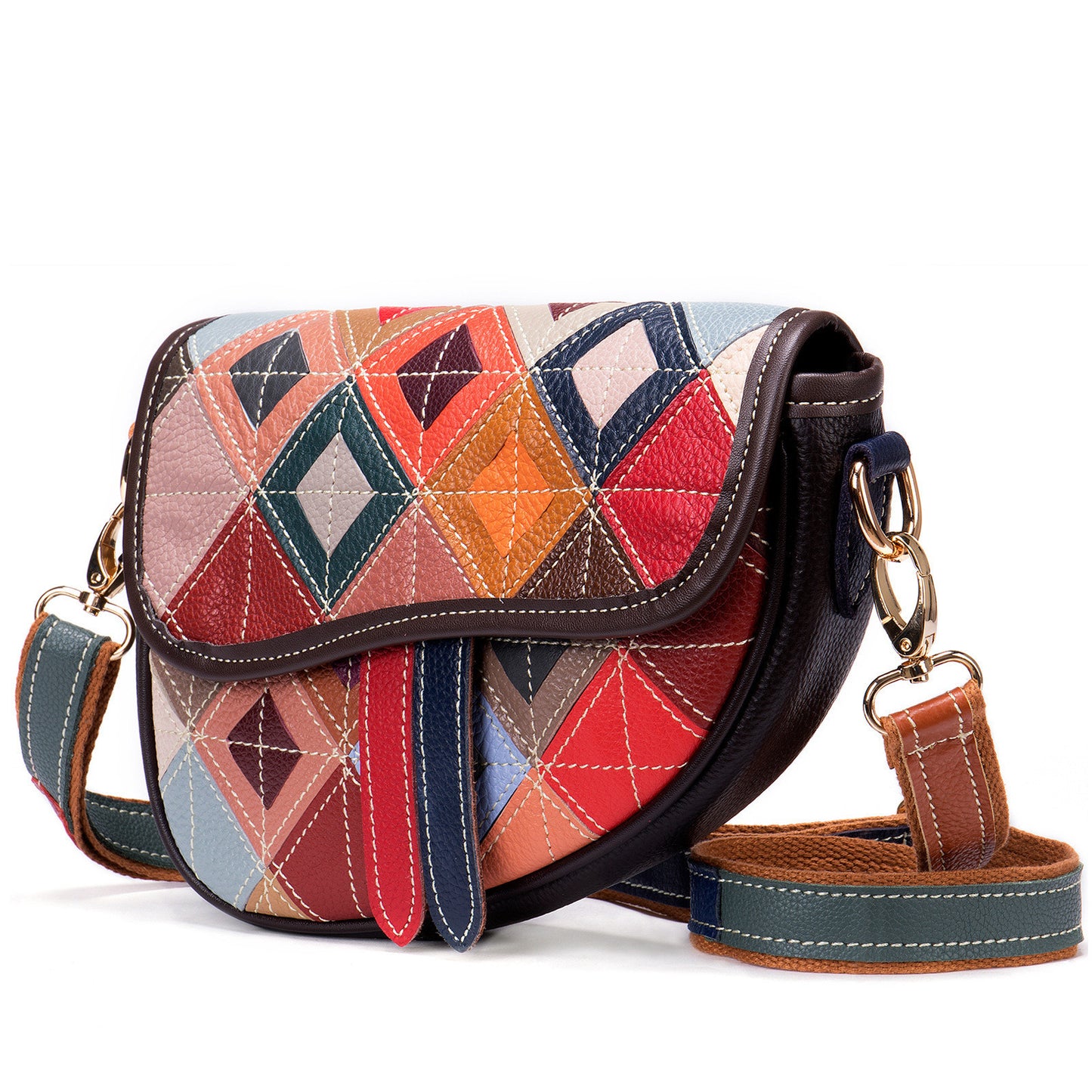 Women's Leather Shoulder Bag Ethnic Style Rhombus Diagonally Across The Toe-layer Cowhide Saddle Bag Wholesale