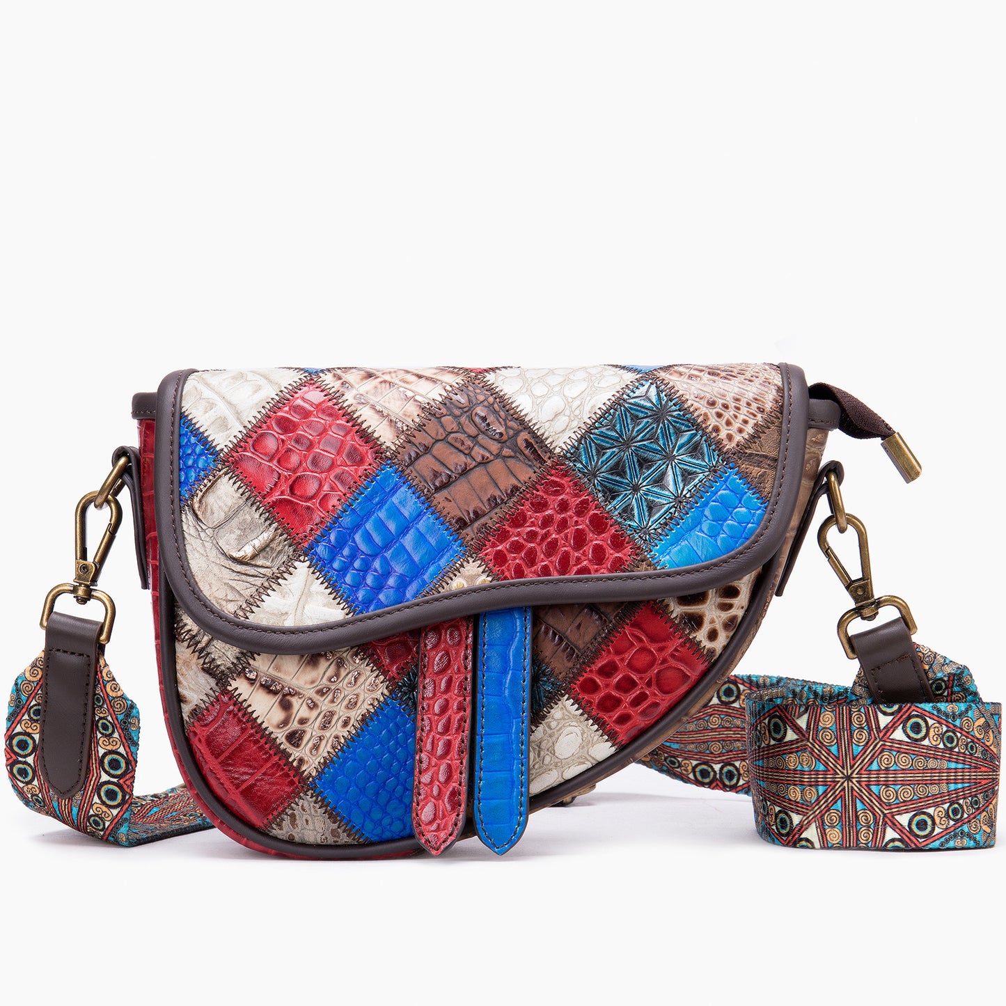 Bolso de hombro de cuero para mujer, estilo étnico, con rombos en diagonal en la puntera, bolso de piel de vaca tipo sillín, venta al por mayor