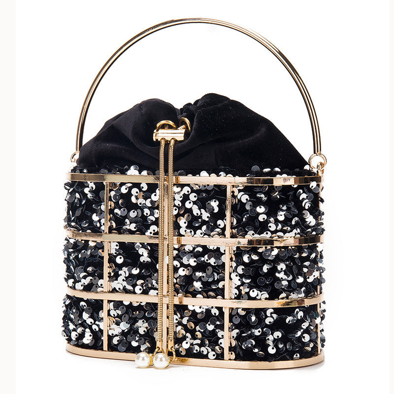 New Net Celebrity Portable Dinner Bag Fashion Metal Hollow Sequined Bucket Bag