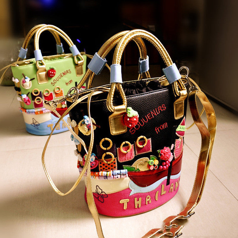 Women's Bag Stitching Embroidery Three-dimensional Bucket Bag Shoulder Bag