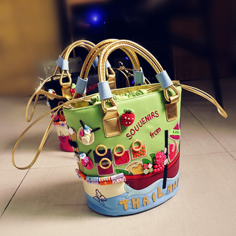 Women's Bag Stitching Embroidery Three-dimensional Bucket Bag Shoulder Bag