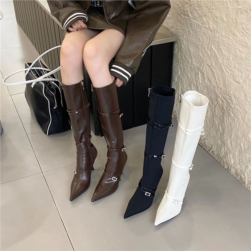 Personalized Pointed Toe Belt Buckle Slimming High Stiletto Heel Boots