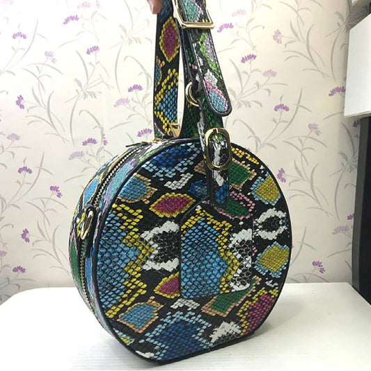 Nuevo bolso bandolera redondo con estampado de piel de serpiente, bolsos de mano para damas europeas y americanas