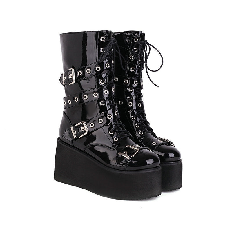 Women's British-style Platform Black Rivet Boots