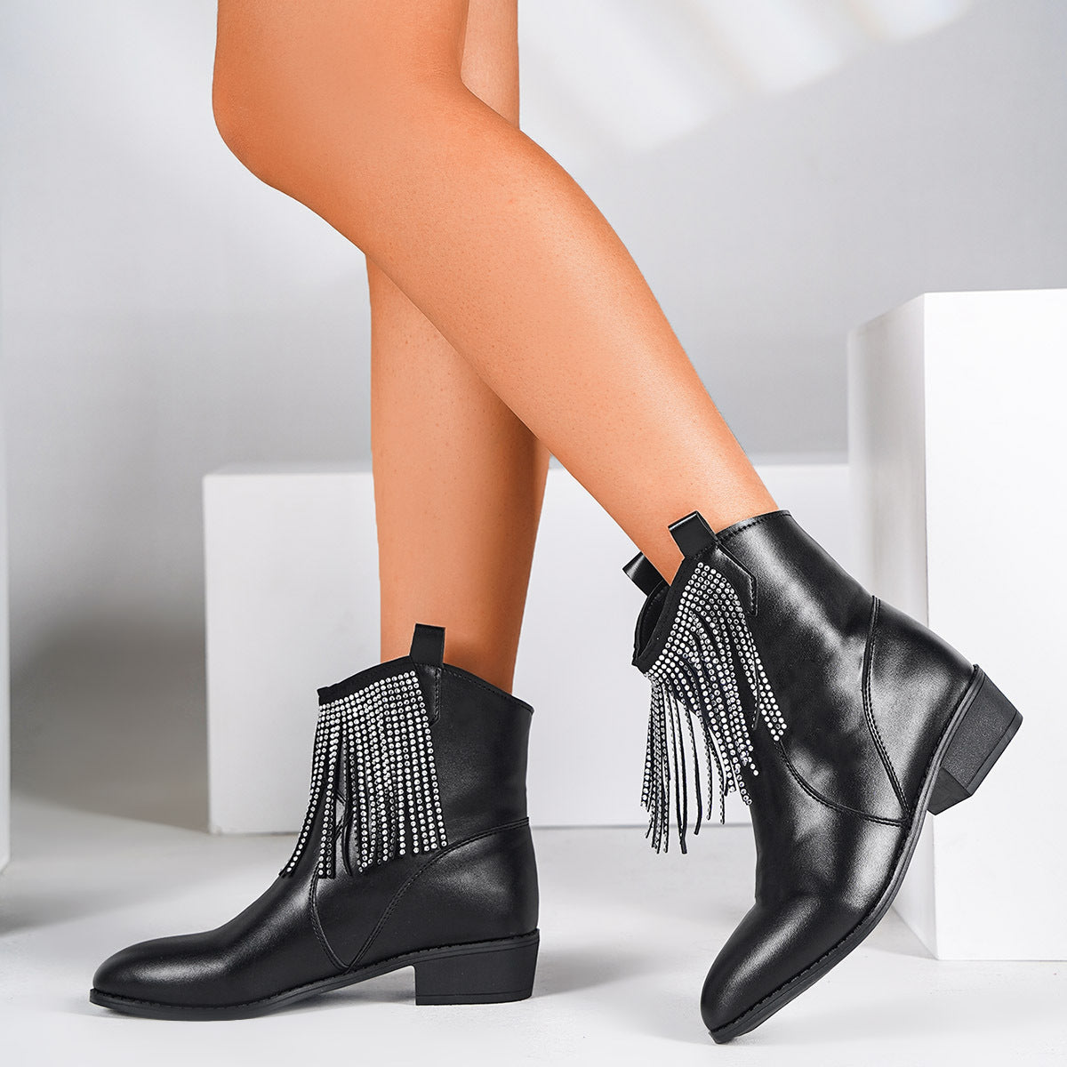 Bottes courtes à pompons et strass pour femmes, talon moyen et épais