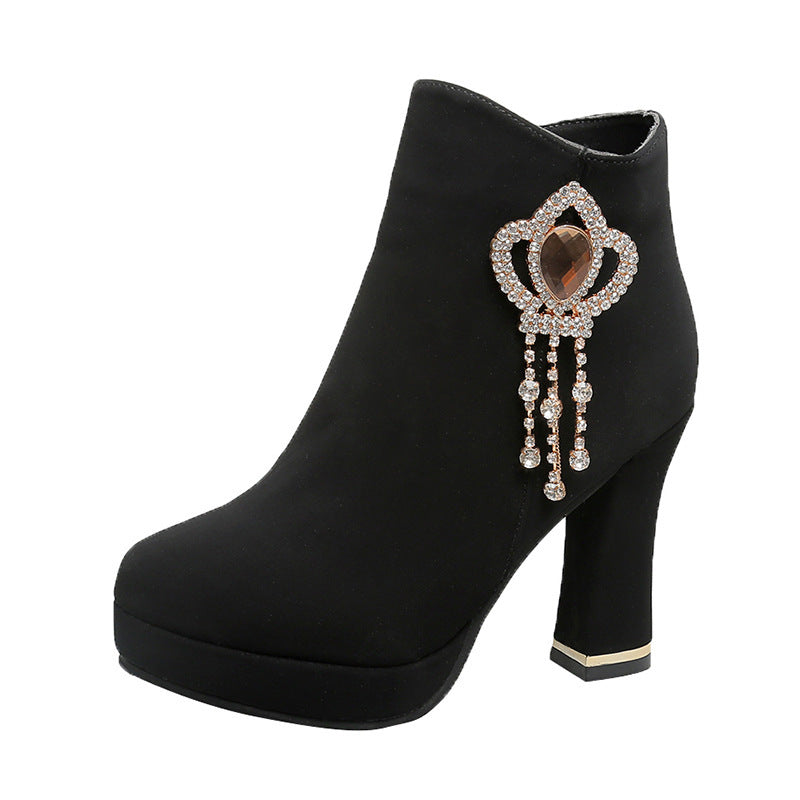 Rhinestone Chunky Heel Fashion Short Boots Waterproof Platform High Heel Boots