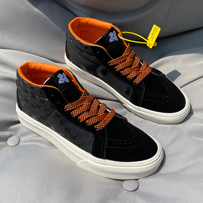 University Style Men's Shoes Black Orange Plaid Mid-top Canvas