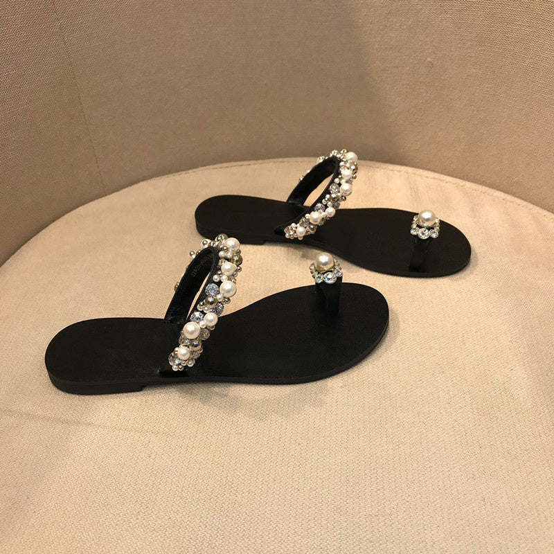 Sandalias planas con punta abatible para mujer con tiras de perlas y diamantes de imitación para exteriores