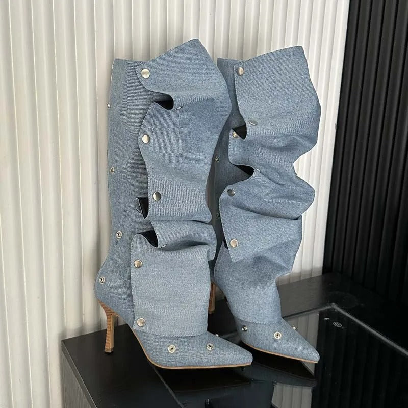 Bottes à talons aiguilles plissées en denim à coutures à boucle pour femmes