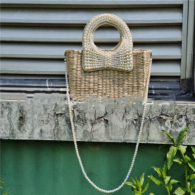 Summer Beach Braided Bow Pearl Straw Bag