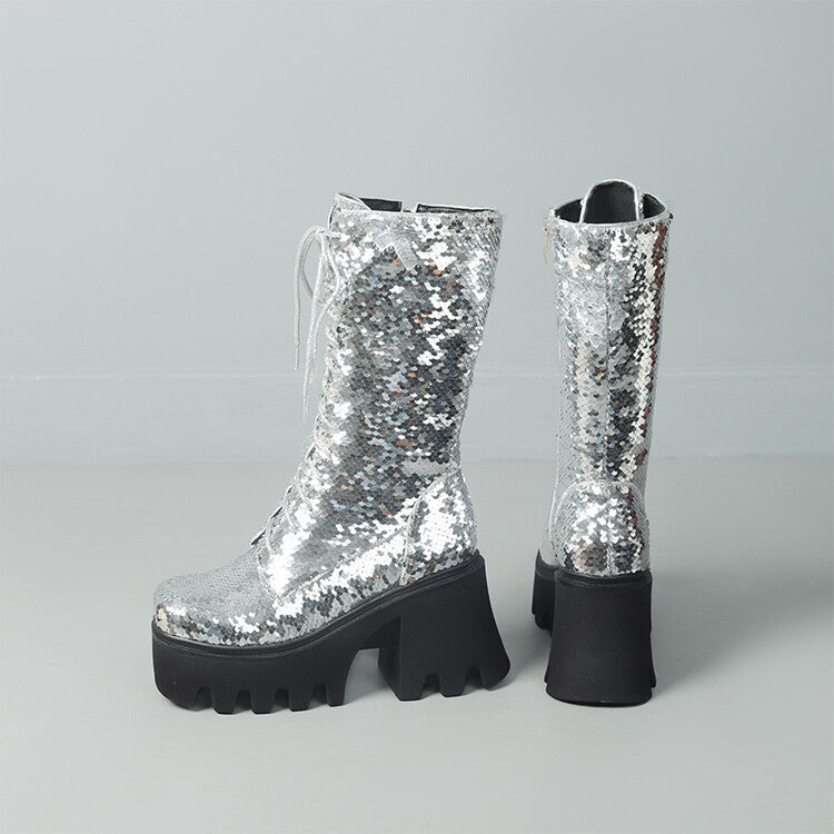 Sequins Mid-calf Martin Boots Round Head Front