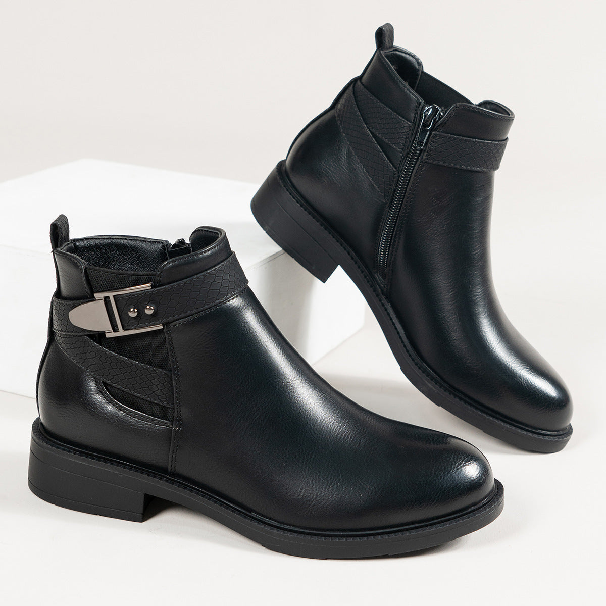 Botas Chelsea para mujer, botines negros, zapatos con hebilla y cremallera lateral