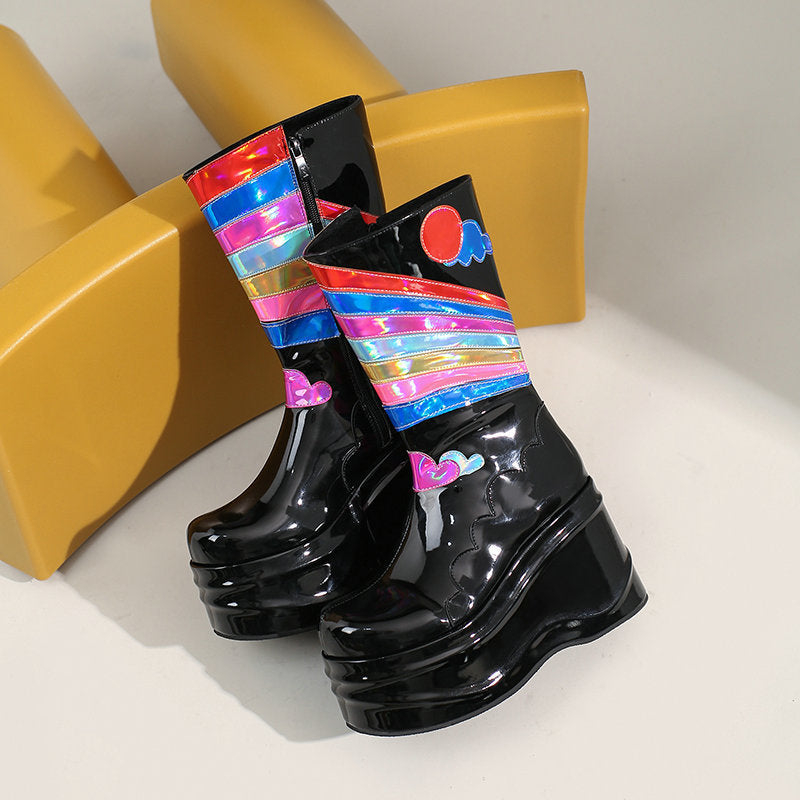 Bottes montantes à plateforme et fermeture éclair latérale style punk pour femmes