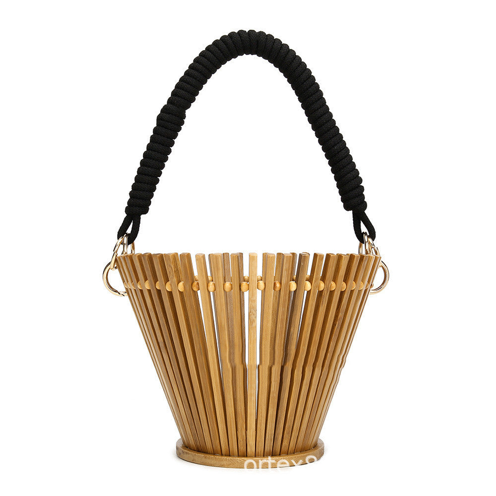 Round Bamboo Woven Handbag Portable Bamboo Rattan Bag