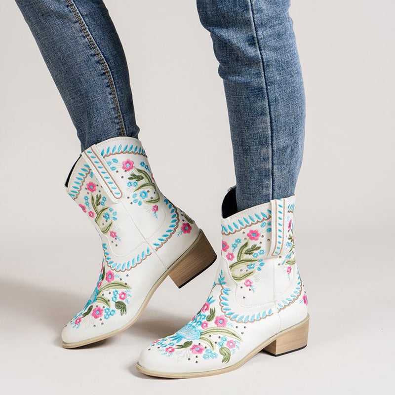 Botas occidentales de tubo medio de estilo étnico con flores bordadas para mujer, estilo europeo y americano