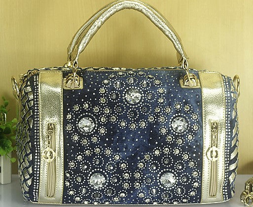 Sac en jean Ceinture en toile Strass Tressé Rivet Seau rond Bandoulière Épaule