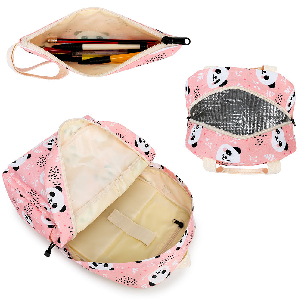 El nuevo conjunto de tres piezas de Panda Mochila escolar para escuela primaria Bolsa de comida para niños Estuche para bolígrafos