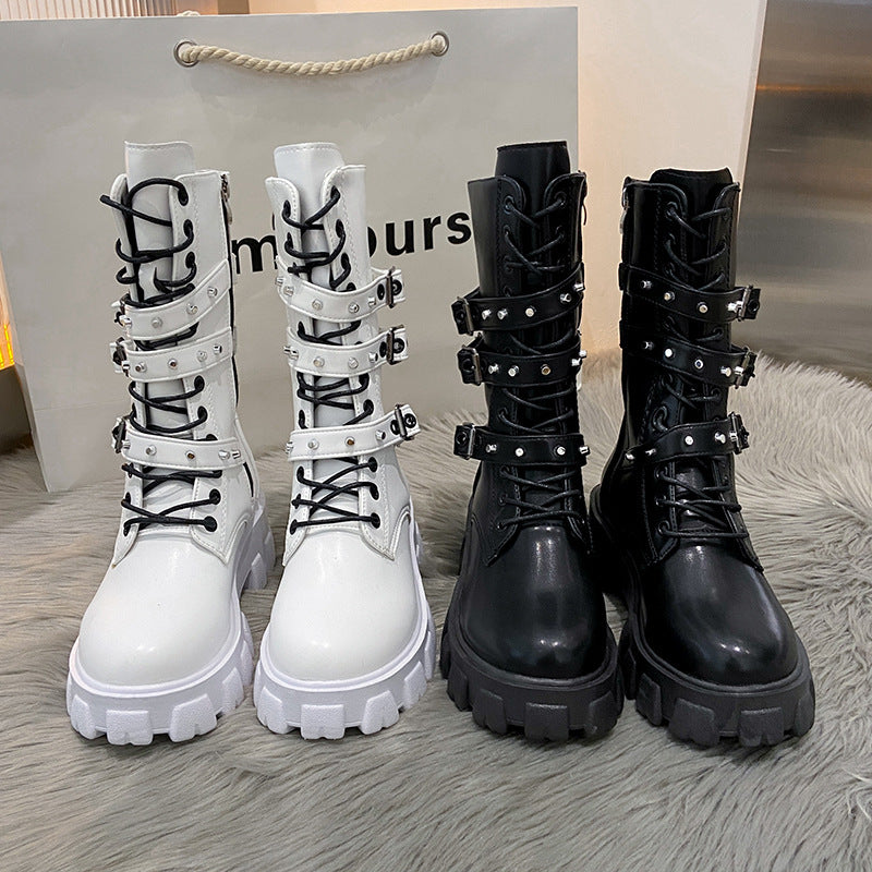 Bottes mi-hautes Punk à lacets et fermeture éclair latérale pour femme