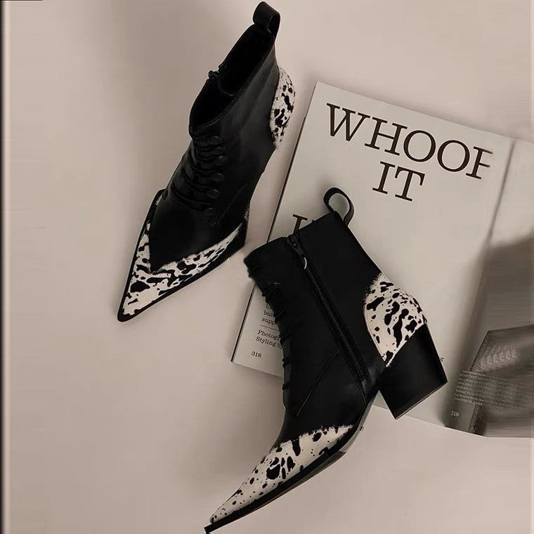 Pointy Toe Chunky Heel Ankle Boots Leopard Print Colorblock