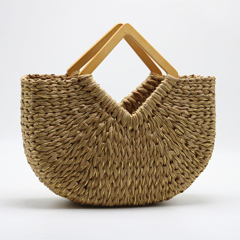 Bolso de mano con forma de luna y asa de madera de paja