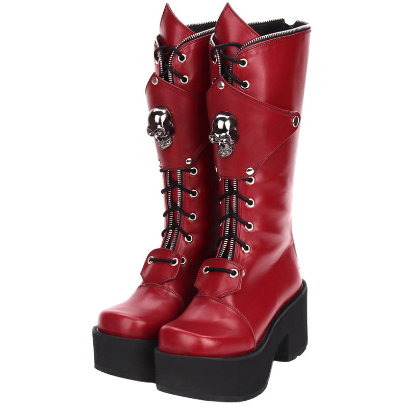 Botas altas de suela gruesa con cremallera y tachuelas estilo punk con calaveras