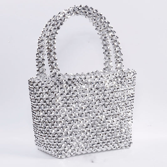 Simple Women's Silver Beaded Tote Basket Bag