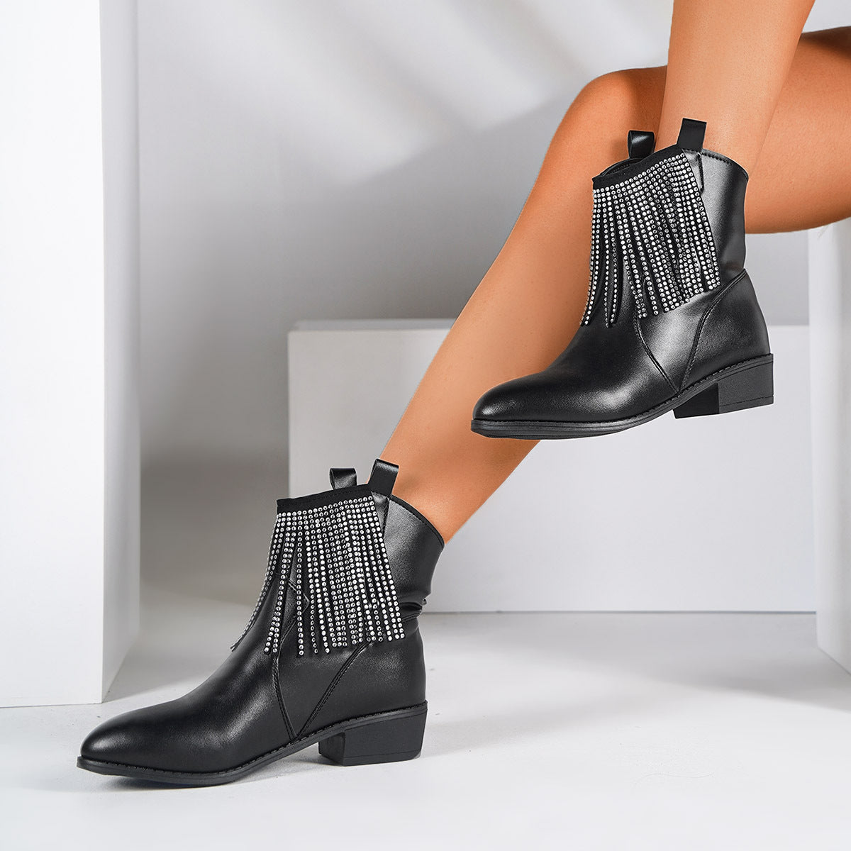 Bottes courtes à pompons et strass pour femmes, talon moyen et épais