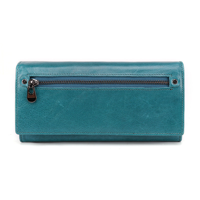 Ladies Genuine Leather Simple Solid Color Long Wallet