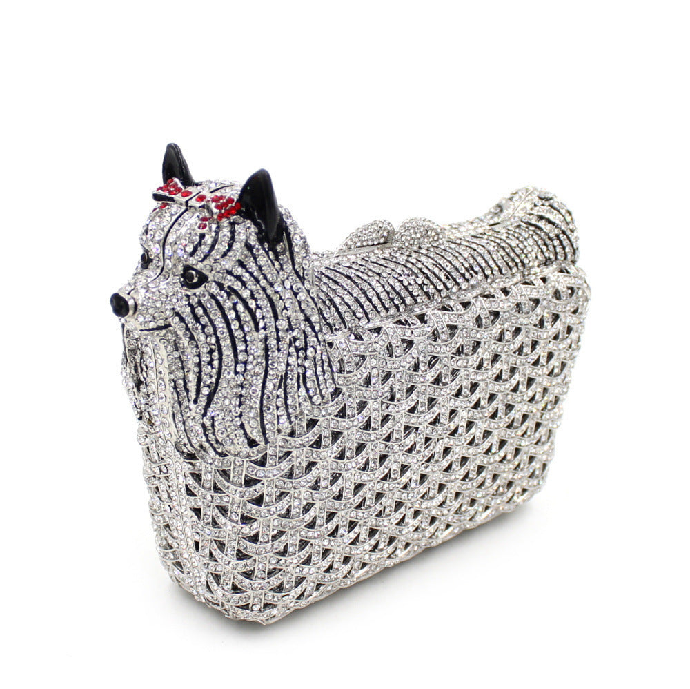 Sac de soirée en cristal fin et strass pour femme avec motif chien