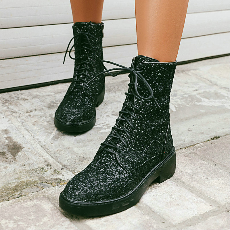 Autumn And Winter New Martin Boots Sequined Round Toe Low Heel Thick Heel Front Lace-up Women's Ankle Boots