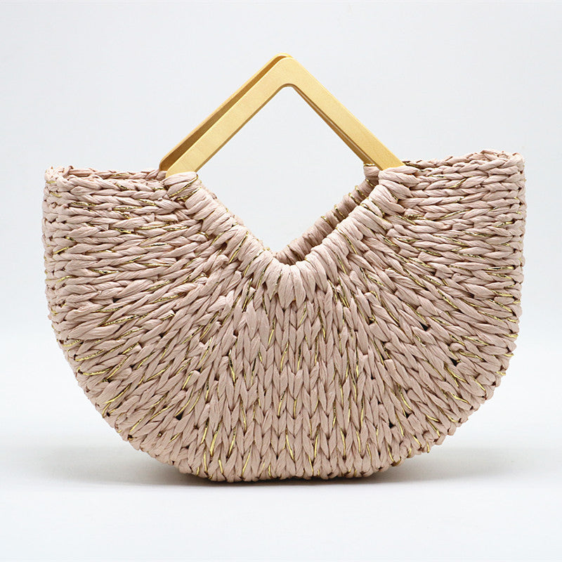 Bolso de mano con forma de luna y asa de madera de paja