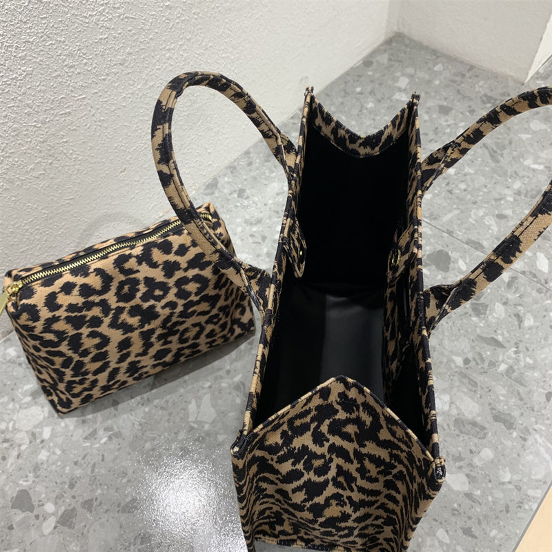 Bolso de mano con estampado de leopardo, de lona, ​​con correa ancha para el hombro, práctico bolso de hombro